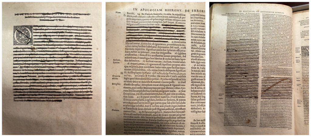 Three images of text with strike-throughs made in dark brown ink. 