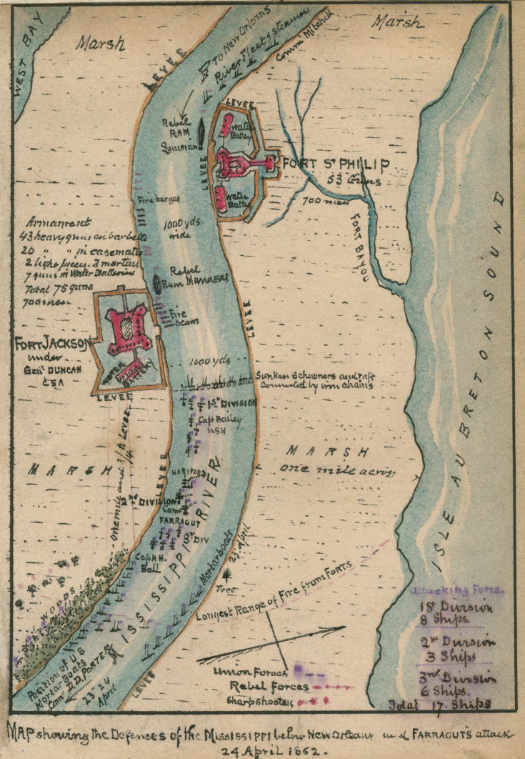 View of Mississippi River and vicinity of Fort Jackson and Fort St. Philip, with illustrated details of fort walls, ship positions, and notes on fleet movement during battle.