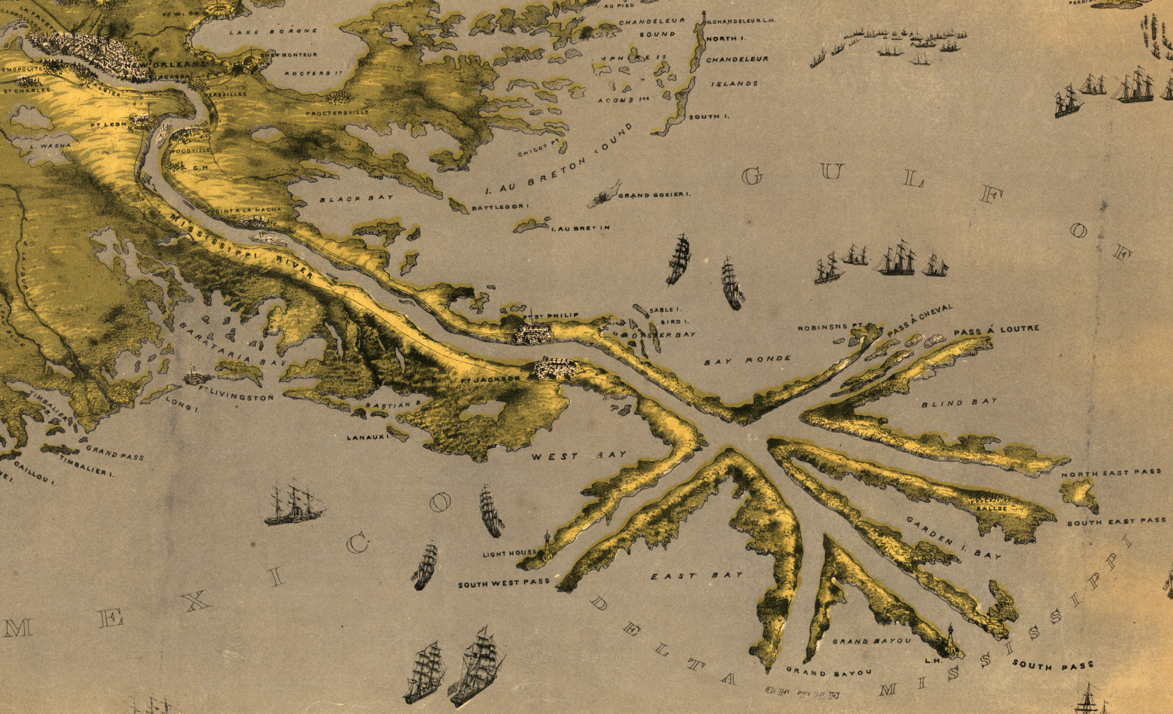 Pictorial map view of the Mississippi River Delta and locations of New Orleans, Fort Jackson, Fort St. Philip, and the Head of Passes.