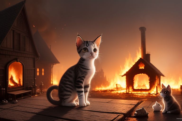 Cute Kitten in front of Burning House