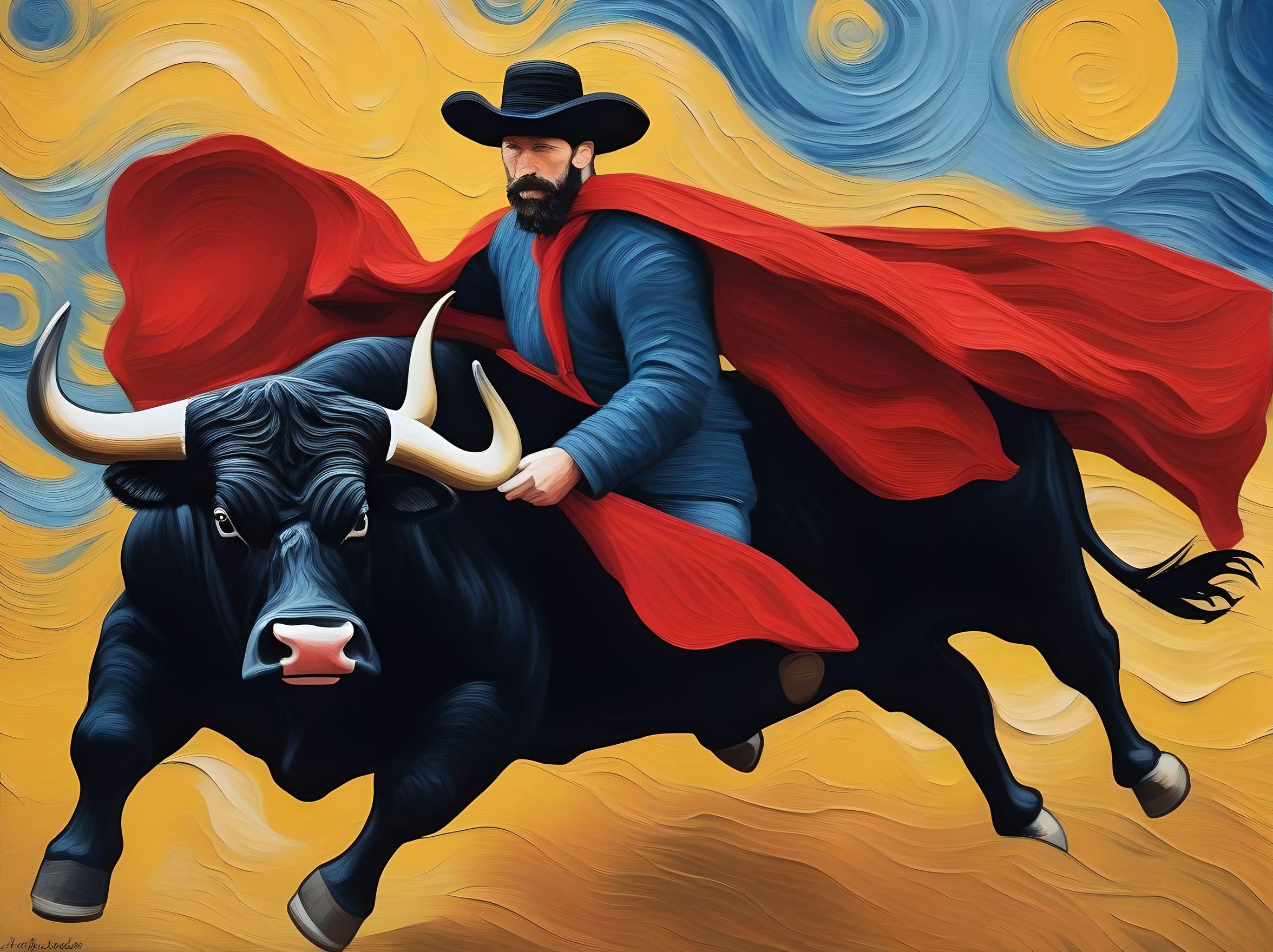 Bull Fighter with Swirling Red Cape and Charging Black Bull
