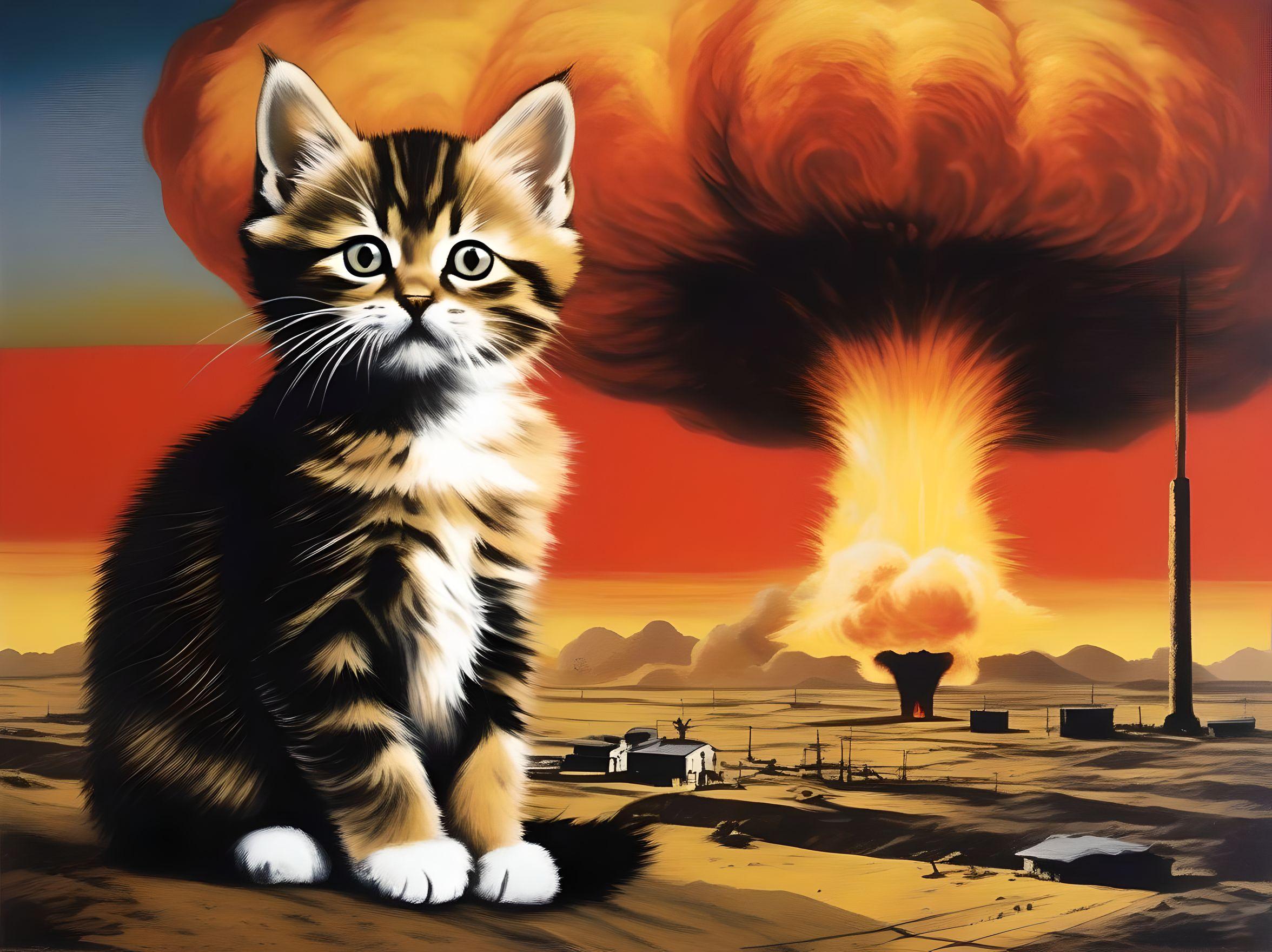 #AIPrompt – In the Style of Dadaism create an image cute kitten in front of nuclear explosion