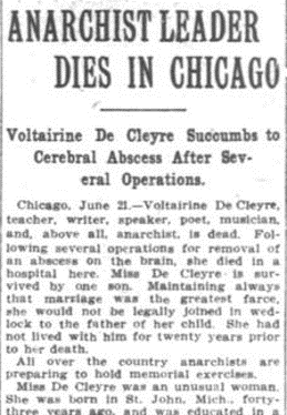 newspaper announcing death of de Cleyre