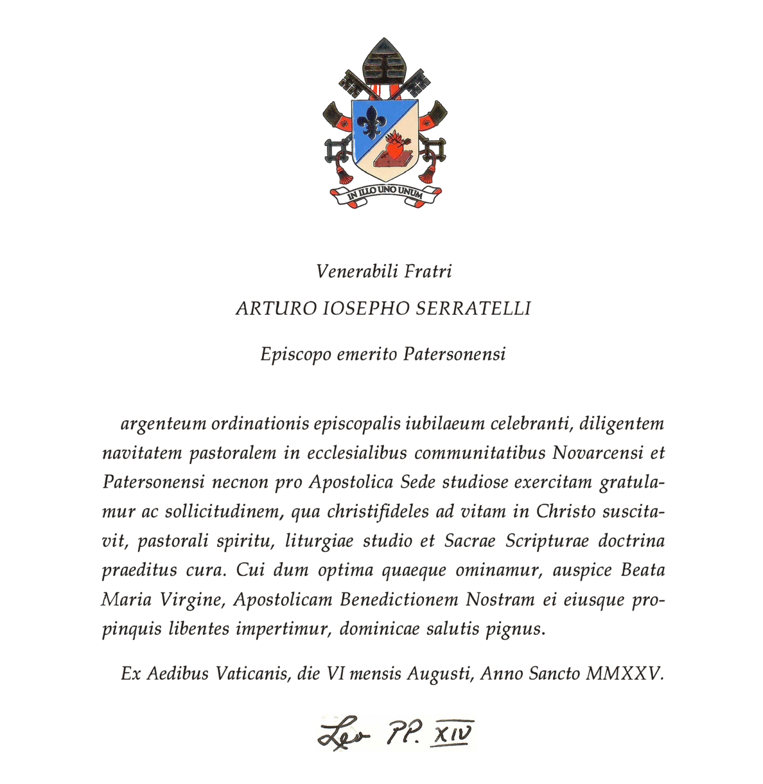 Pope Leo congratulates Bishop Emeritus Serratelli on the silver jubilee of his episcopal ordination