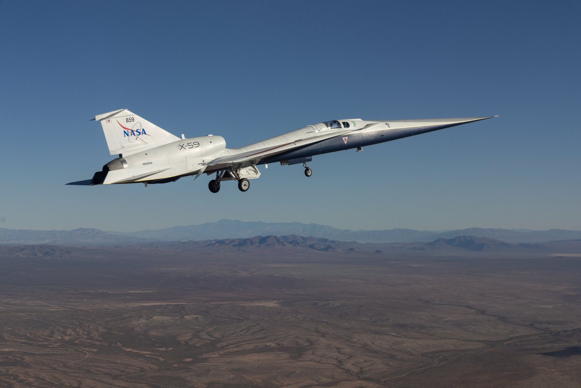 NASA’s Quesst Mission Marks X-59’s Historic First Flight - NASA’s X-59 quiet supersonic research aircraft lifts off for its first flight Tuesday, Oct. 28, 2025, from U.S. Air Force Plant 42 in Palmdale, California. The aircraft’s first flight marks the start of flight testing for NASA’s Quesst mission, the result of years of design, integration, and ground testing and begins a new chapter in NASA’s aeronautics research legacy.