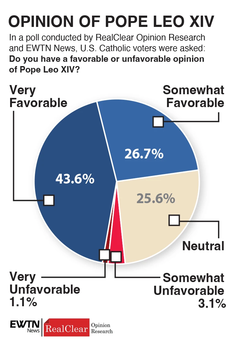 Poll: 70% of American Catholics view Pope Leo XIV favorably, only 4% unfavorably – #Catholic – 
 
 Pope Leo XIV greets the faithful in Piazza della Libertà in August, 2025. / Credit: Marco Iacobucci Epp/Shutterstock

Washington, D.C. Newsroom, Dec 11, 2025 / 12:00 pm (CNA).
More than two-thirds of American Catholic voters have a favorable opinion of Pope Leo XIV during the first year of his pontificate, and only a tiny percentage view him in an unfavorable light, according to a poll conducted by RealClear Opinion Research and EWTN News.A survey of 1,000 Catholic voters released by both organizations on Dec. 11 found that 70% of people said they have a somewhat or very favorable opinion of the pontiff. Just 4% reported an unfavorable view of Leo, and the remaining 26% said they were neutral.The survey was conducted between Nov. 9 and Nov. 11, which is about six months after his papacy began. Leo, who was born in Chicago, is the 267th pope and the first born in the United States. It found that 43.6% of respondents said their view of Leo is very favorable and 26.7% said it was somewhat favorable. Only 1.1% of American Catholic voters said their view is very unfavorable and just 3.1% said it was somewhat unfavorable.Those who attend Mass regularly were more likely than infrequent Mass attenders to say they hold a favorable view of the pontiff. Those who attend infrequently were more likely than regular Mass attendees to hold a neutral view.A poll released Dec. 11, 2025 asks U.S. Catholic voters: Do you have a favorable or unfavorable opinion of Pope Leo XIV?. Credit: EWTN News/ Real Clear Opinion ResearchAmong those who attend Mass at least once per week, about 75% hold a favorable view, less than 4% have an unfavorable view, and nearly 21% are neutral. For those who attend less than once per week, nearly 66% hold a favorable view, less than 5% have a negative view, and just over 29% said they were neutral.Leo’s favorability was slightly higher among registered Democrats than it was among registered Republicans and Independents, and all three groups overwhelmingly hold a favorable view of the Holy Father.Among Democrats, over 74% view Leo favorably, less than 5% view him unfavorably, and just over 21% are neutral. For Republicans, over 70% view him favorably, less than 5% said they had an unfavorable view, and more than 25% were neutral. Among independents, just under 63% had a favorable opinion, less than 4% held an unfavorable view, and nearly 34% said they were neutral.In the past month, Leo has weighed in on U.S. politics a few times, but many comments were made after the poll was taken. The pontiff encouraged Americans to listen to a message by the United States Conference of Catholic Bishops (USCCB) that opposes “the indiscriminate mass deportation of people” and more recently said President Donald Trump’s peace plan for Ukraine would weaken the U.S. alliance with Europe.According to Gallup polls, Pope Francis’s favorability rating stayed above 75% for most of his pontificate among Catholics. His lowest favorability number was 71% in July 2015. The number of Catholics with an unfavorable view remained relatively low throughout the pontificate, but inched up to 17% by December 2023.