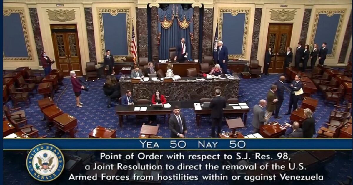 BREAKING: Senate Republicans Strike Down Venezuela War Powers Resolution – Two GOP Senators Flip – Vance Cast Tie-Breaking Vote – 
Senate Republicans struck down a war powers resolution that would have blocked President Trump from using military force against Venezuela.
The post BREAKING: Senate Republicans Strike Down Venezuela War Powers Resolution – Two GOP Senators Flip – Vance Cast Tie-Breaking Vote appeared first on The Gateway Pundit.