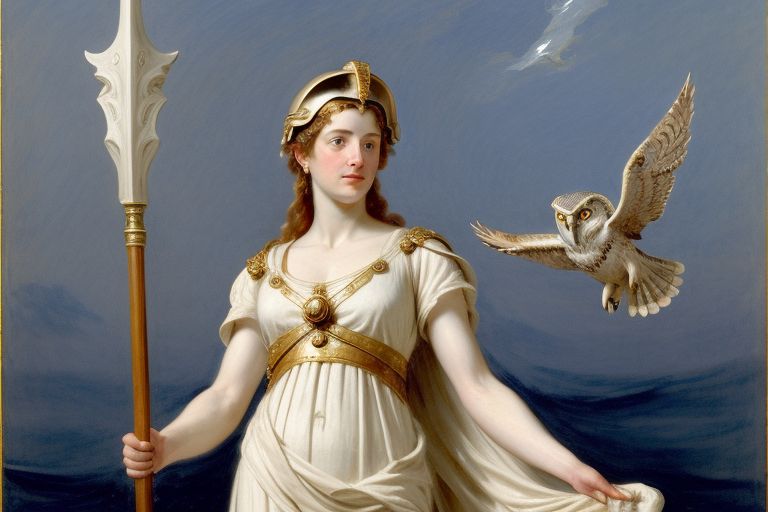  In the Style of John Singer Sargent - Create Image of Ancient Roman god - Minerva- the goddess of wisdom and craft- was often depicted as a graceful woman. She wore a helmet- carried a spear- and held a shield. Her owl companion symbolized wisdom. -- using Deep Sea Color 