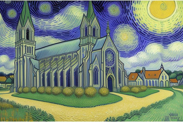 In the Style of Fractal art - reimagine 'The Church at Auvers' - By Vincent van Gogh -- using vibrant Color 