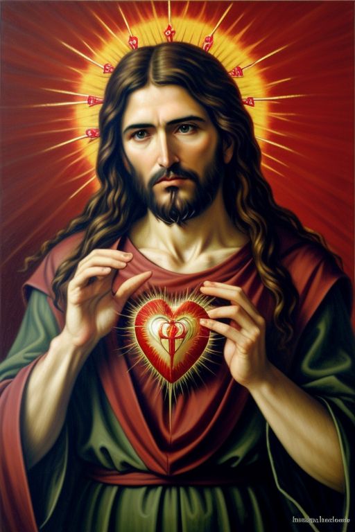 The Sacred Heart symbolizes Jesus's profound love for humanity, depicted in the Neo-Impressionist style with a vivid array of rainbow colors. Each hue blends seamlessly into the next, creating a luminous and dynamic composition that pulsates with energy and emotion. The flaming heart, surrounded by a crown of thorns and topped with a cross, serves as a powerful visual reminder of Christ's sacrificial love and redemptive suffering, evoking a sense of awe and reverence in the viewer.
