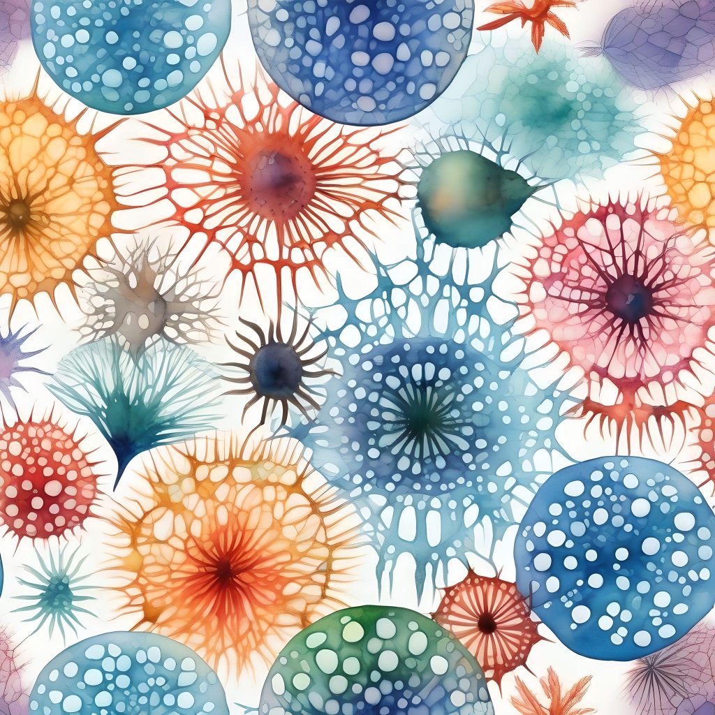  In the Style of Watercolor Painting create an image of Radiolarian Radiolarians are single-celled marine organisms with intricate silica skeletons. They come in diverse shapes- including spheres- spikes- and intricate lattice structures- and are known for their beautiful and symmetrical designs and bold colors -- using Polychromatic Color 
