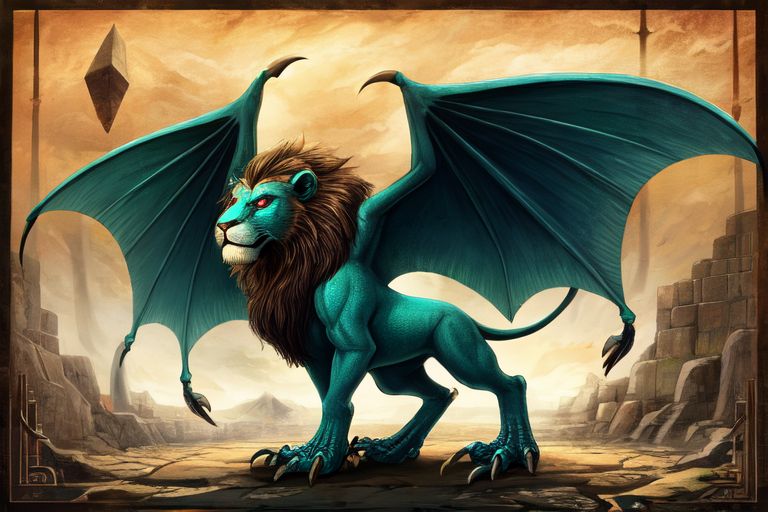  In the Style of Surrealism create an image of The Demon Pazuzu Pazuzu is a demon from ancient Mesopotamian mythology- often associated with the wind and storms. He is depicted as a fearsome creature with a humanoid body- a lion's head- wings- and talons. -- using Green Blue Color 
