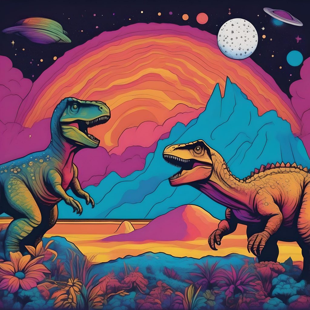 In the Style of Psychedelic Poster - dinosaurs looking up at a comet in the sky
