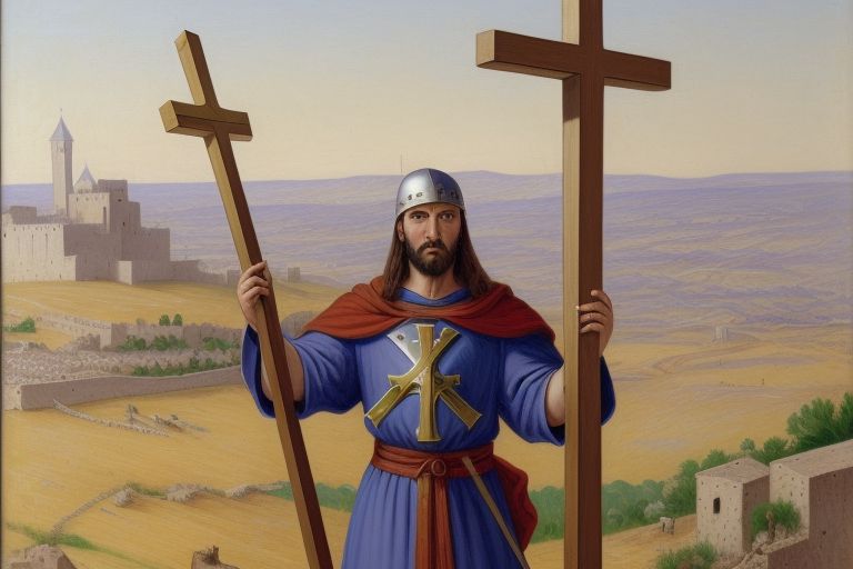  The Cross: The most ubiquitous symbol of the Crusades is undoubtedly the Christian cross. Specifically, the Latin cross, with its distinct vertical and horizontal arms, symbolized the Christian faith and the Crusaders' mission to reclaim the Holy Land. It adorned banners, shields, and clothing of Crusader knights - In the Style of Neo-Impressionism using Bold Color 

