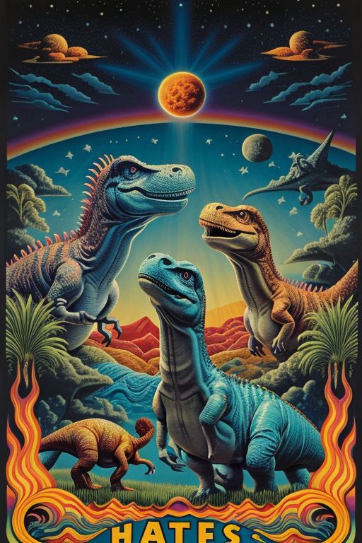 dinosaurs, comet, Psychedelic Poster
