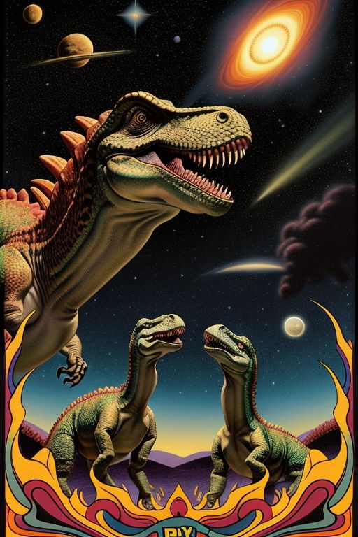 In this vivid and dynamic portrayal, dinosaurs look upward in astonishment at the dazzling sight of a comet streaking through the vibrant, psychedelic sky. The image bursts with a riot of colors and swirling patterns, evoking a profound sense of awe and enchantment. The dinosaurs themselves are depicted in bold, exaggerated forms, with their scales and features intricately detailed amidst the chaotic beauty of the cosmic scene.
