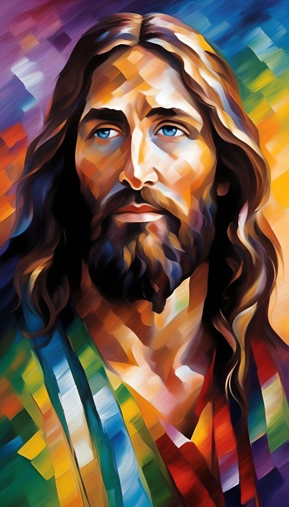  In the Style of Leonid Afremov create an image of Jesus Christ - The central figure of Christianity- Jesus is often depicted as having long hair and a beard- with a compassionate and serene expression. -- using Bold Color 
