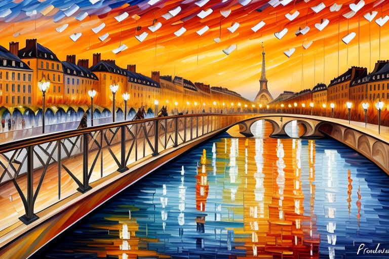  In the Style of Leonid Afremov create an image of Pont des Arts Bridge (Paris- France): A pedestrian bridge adorned with love locks- offering romantic views of the Seine River and Parisian landmarks. -- using Bold Color 
