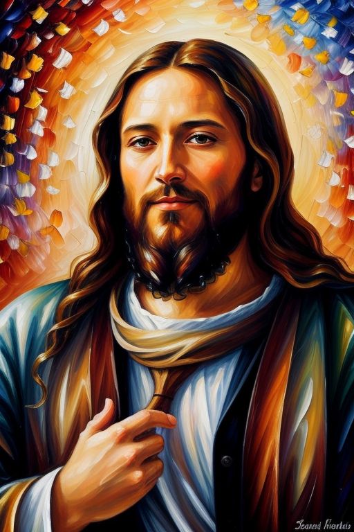 In this vibrant interpretation inspired by the style of Leonid Afremov, Jesus Christ is depicted as the central figure, emanating compassion and serenity amidst a kaleidoscope of bold colors. His long hair and flowing beard cascade around his gentle face, capturing the essence of his divine presence. With each brushstroke infused with bold hues, the painting comes alive with a sense of warmth and spirituality, inviting viewers into a realm of profound reverence.
