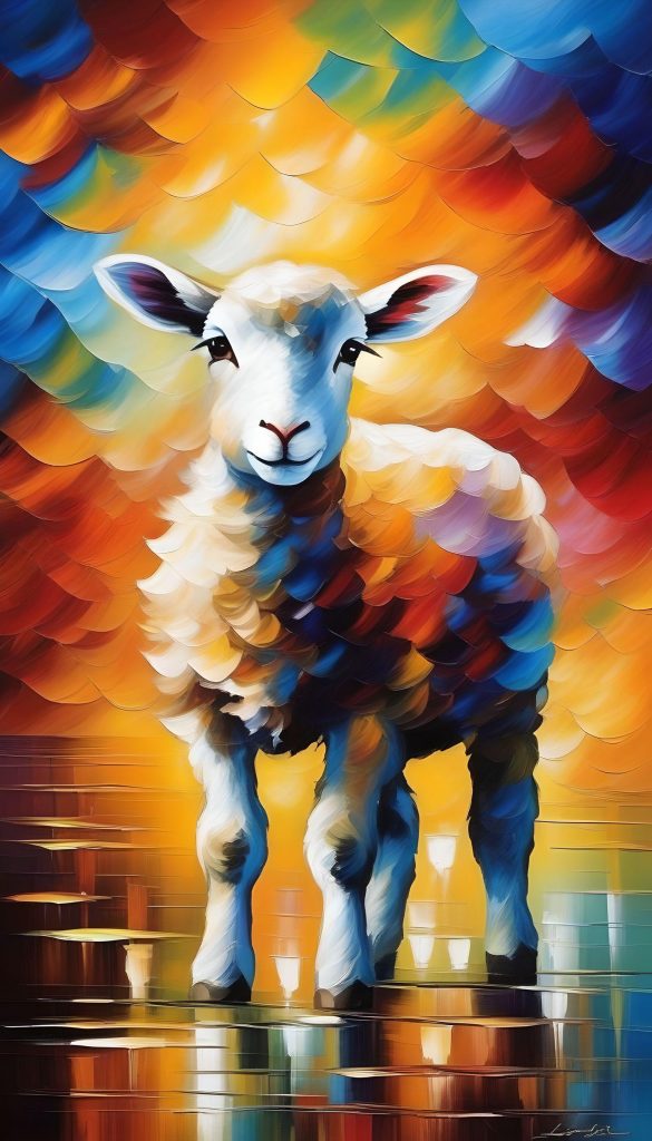 In a serene depiction inspired by the Lamb of God, this artwork beckons viewers into a realm of tranquility and solace. The central figure of the Lamb stands as a symbol of purity and innocence, its gentle gaze evoking a sense of peace that transcends earthly concerns. Bathed in a soft, ethereal light, the Lamb radiates a divine presence, offering solace to those who seek refuge in its grace.
