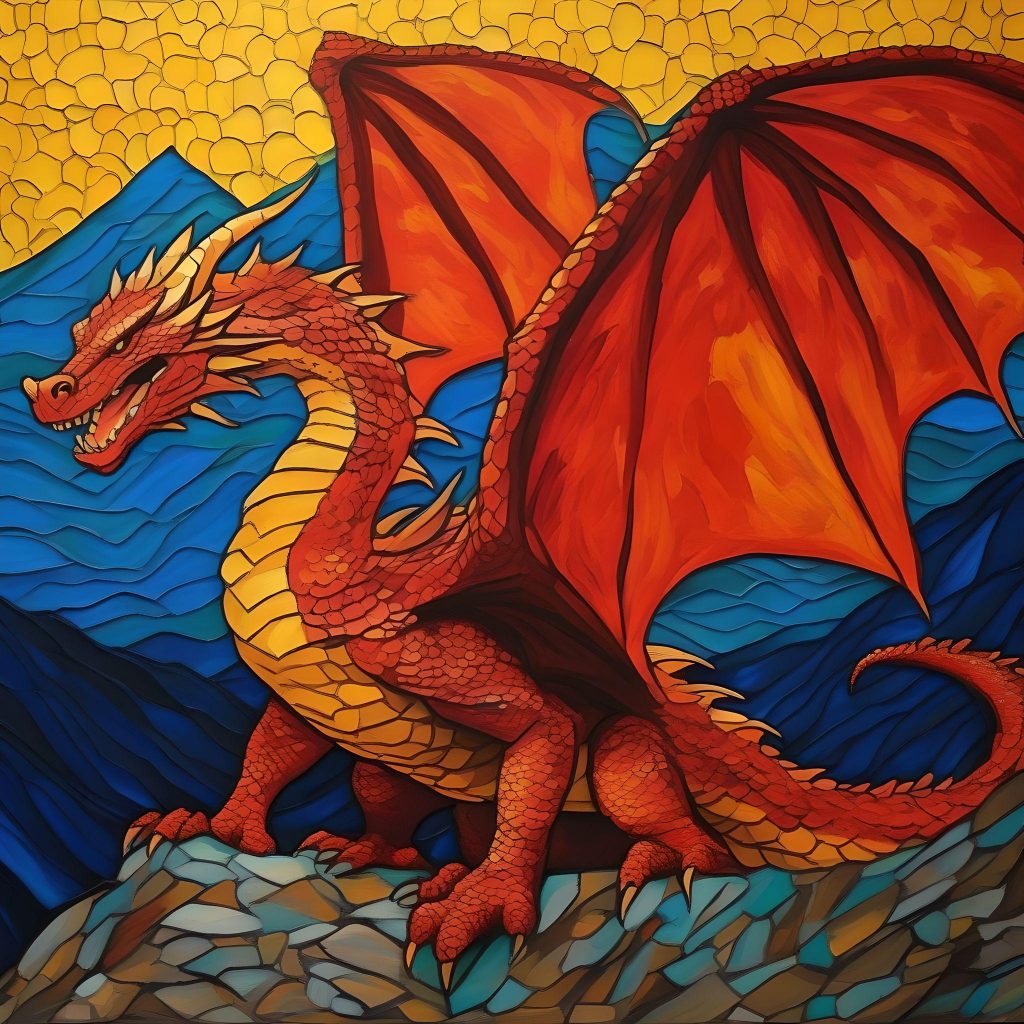  In the Style of van Gogh create an image of Smaug (The Hobbit trilogy): Smaug is a fearsome dragon known for his massive size- armored scales- fiery breath- and hoard of treasure. He is often depicted as a cunning and arrogant creature guarding the Lonely Mountain. -- using vivid Color 
