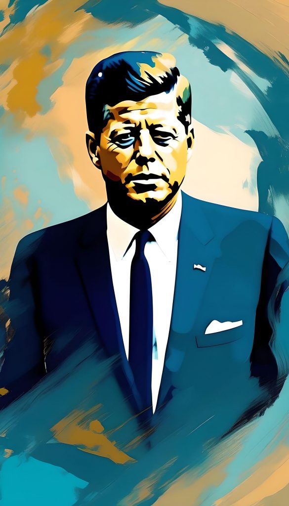 In an abstract expressionist interpretation, the essence of John F. Kennedy is captured through bold strokes and vibrant hues, reminiscent of the depths of the ocean. His towering presence is conveyed through sweeping lines and dynamic shapes that evoke a sense of movement and vitality. The canvas pulsates with energy, mirroring the vigor and dynamism of Kennedy's leadership.
