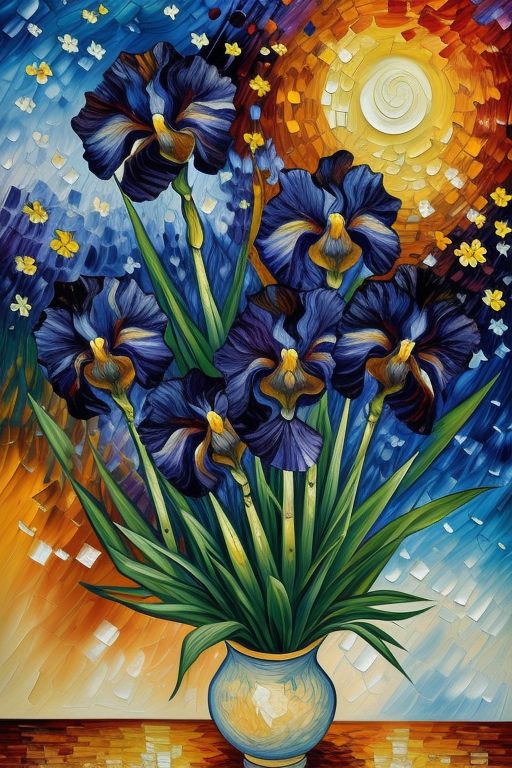 In Afremov's reinterpretation, the irises take on a new life, their electric colors pulsating with vitality and vibrancy. With each stroke of the brush, the flowers seem to shimmer and glow with an otherworldly light, casting a luminous aura that captivates the senses. Against a backdrop of bold and dynamic colors, the irises stand out as beacons of color and light, drawing the viewer into their enchanting embrace.
