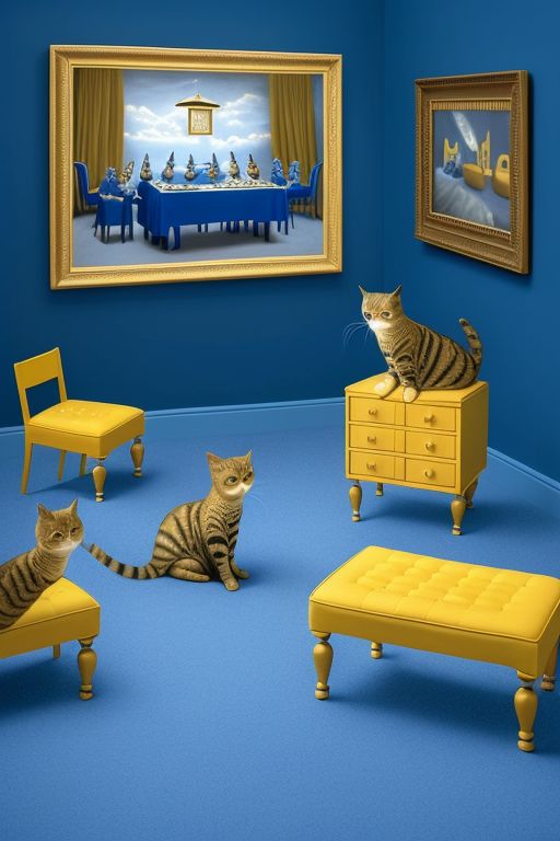  In the Style of Johannes Vermeer - Recreate Photograph by Sandy Skoglund - Radioactive Cats (1980): A surreal installation photograph featuring bright blue cats invading a monochromatic room. -- using Vivid Color 
