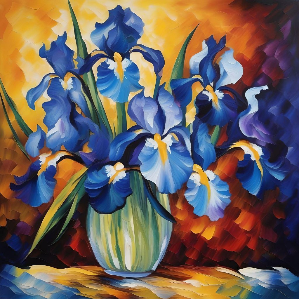 In the Style of Leonid Afremov - reimagine Irises' - By Vincent van Gogh -- using Electric Color 
