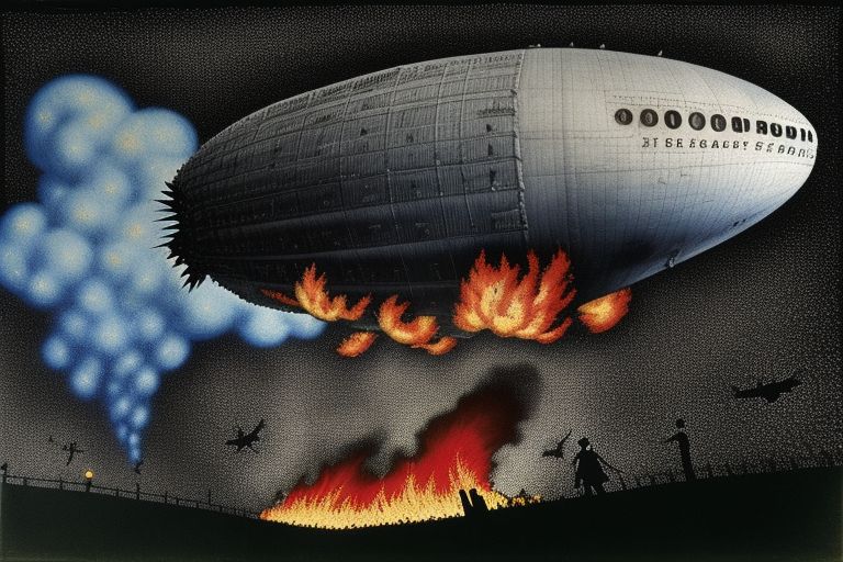  In the Style of pointillism - recreate photograph The Hindenburg Disaster - Sam Shere (1937): - Shere's image captures the fiery crash of the German airship Hindenburg, marking the end of an era in aviation history1. -- using Pastels Color 
