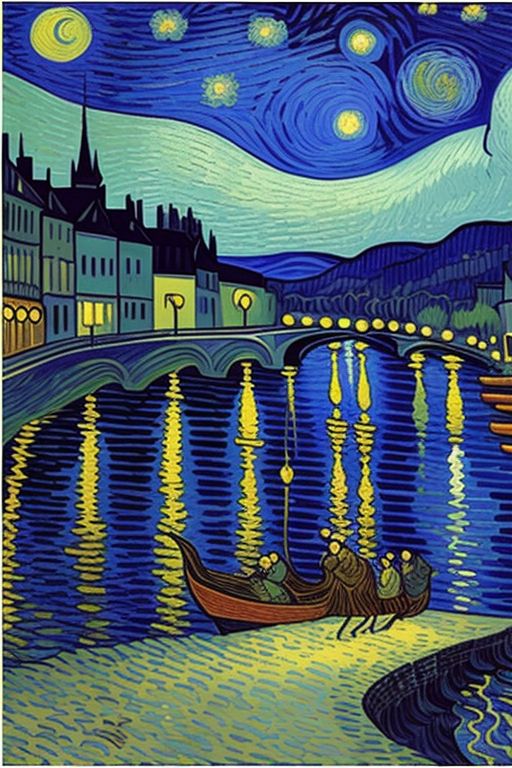 n this reimagining of "Starry Night Over the Rhone" in the Art Nouveau style, Vincent van Gogh's iconic scene is transformed into a vision of swirling lines and vibrant colors