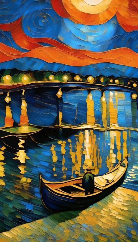 In this reimagining of "Starry Night Over the Rhone" in the Art Nouveau style, Vincent van Gogh's iconic scene is transformed into a vision of swirling lines and vibrant colors