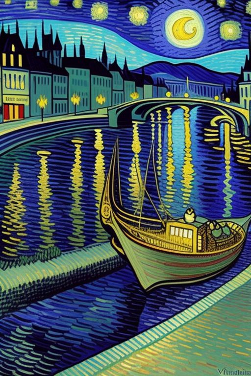  In the Style of Art Nouveau - Reimagine 'Starry Night Over the Rhone' by Vincent van Gogh - -- using Vivid Color 
