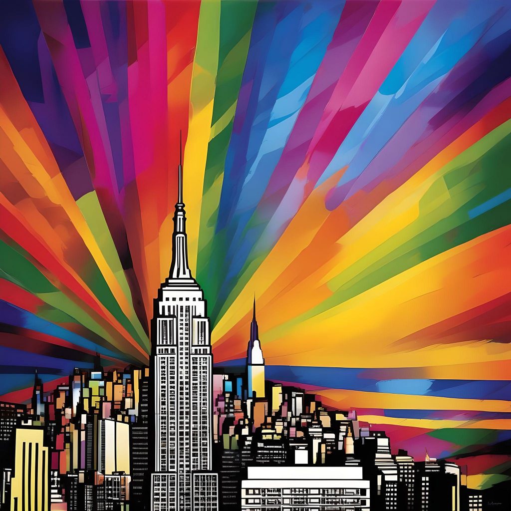  In the Style of Leonid Afremov  create an image of Empire State Building (New York City- USA) - An iconic skyscraper located in Manhattan- known for its Art Deco design and observation decks offering panoramic views of the city. -- using Rainbow Color 
