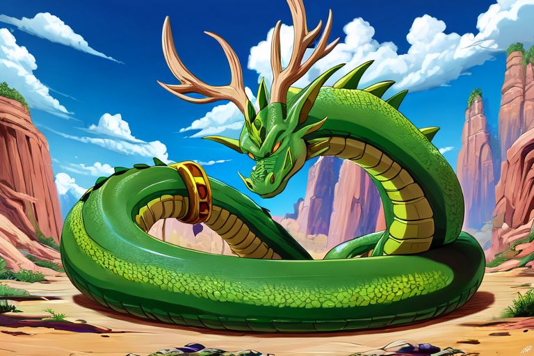Shenron is depicted as a long, serpentine dragon with majestic antlers that reach towards the heavens. His powerful form twists and coils, exuding a sense of strength and majesty that commands the viewer's attention. Against a backdrop of bold colors that dance and swirl around him, Shenron's imposing figure stands out with striking clarity, evoking a sense of grandeur and mystique.
