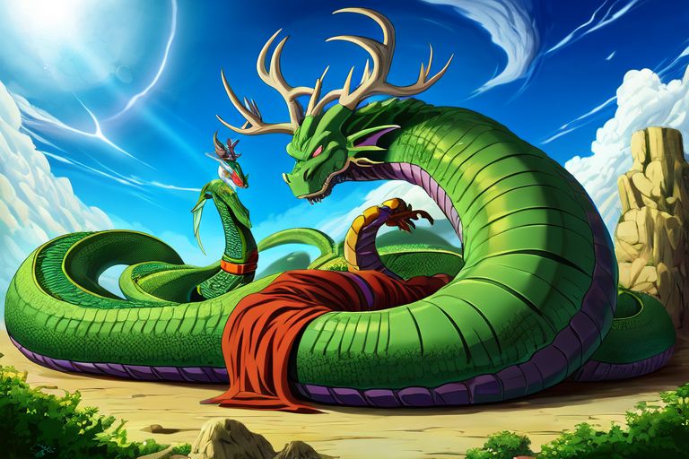 The use of bold colors adds depth and dimension to Shenron's character, imbuing him with an otherworldly aura that is both captivating and mesmerizing. Each hue is carefully chosen to enhance the dragon's mythical presence, from the rich blues and greens of his scales to the fiery oranges and reds of his flaming breath. As Shenron rises from the depths of the cosmos, his vibrant form radiates with an intensity that captures the imagination and transports the viewer to a realm of limitless possibility.
