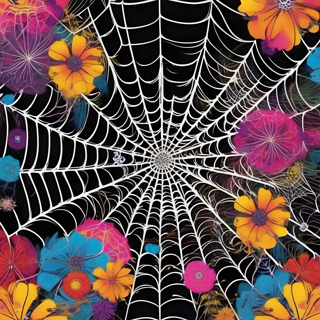 In a psychedelic explosion of vibrant colors and surreal imagery, we reimagine the delicate intricacy of a spider web intertwined with the vibrant beauty of flowers. Against a backdrop of swirling patterns and dynamic shapes reminiscent of psychedelic posters from the 1960s, the spider web emerges as a mesmerizing tapestry of neon hues and kaleidoscopic forms. Each strand of the web vibrates with energy, weaving a mesmerizing pattern that pulsates with life and movement.
