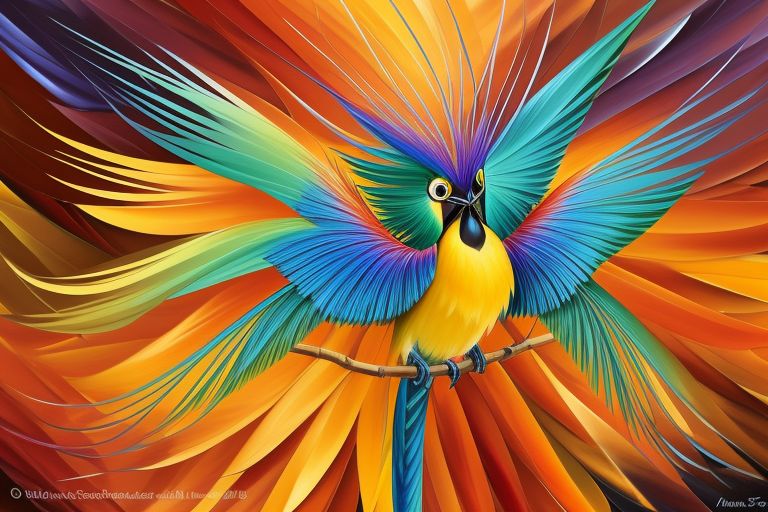 With bold brushstrokes and vivid hues, we bring to life the intricate details of the bird's plumage, capturing the iridescence of its feathers and the intricate patterns that adorn its head and chest. Neon colors blend and swirl together, creating a mesmerizing kaleidoscope of light and color that envelops the bird in a luminous aura. Against this radiant backdrop, the Wilson's Bird-of-Paradise performs its elaborate courtship displays, its movements fluid and graceful as it seeks to attract a mate amidst the lush foliage of its tropical habitat.

