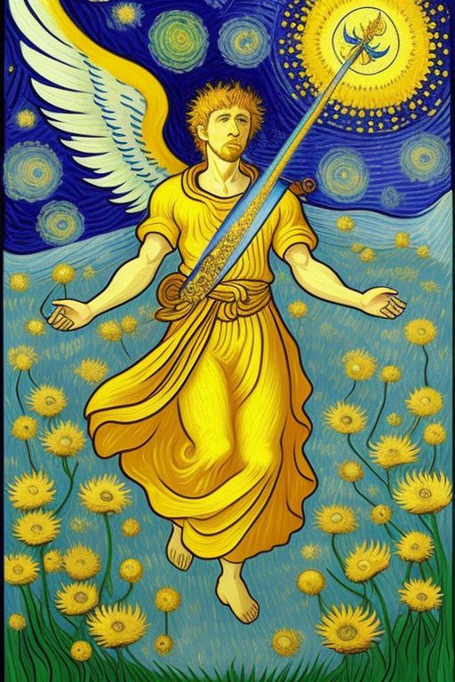  In the Style of Vincent van Gogh create an image of the angel Jophiel Jophiel is an archangel in various religious traditions- often associated with beauty- creativity- and inspiration. He is sometimes depicted with a flaming sword or as a guardian of paradise. -- using Psychedelic Color 
