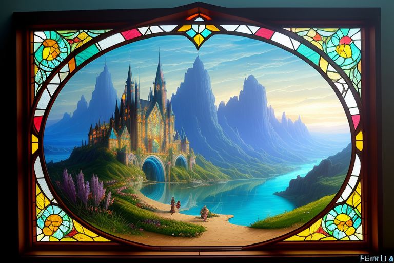  In the Style of Stained Glass Window - reimagine Fantasy Landscape Art' by Ferdinand Ladera - -- using Neon Color 
