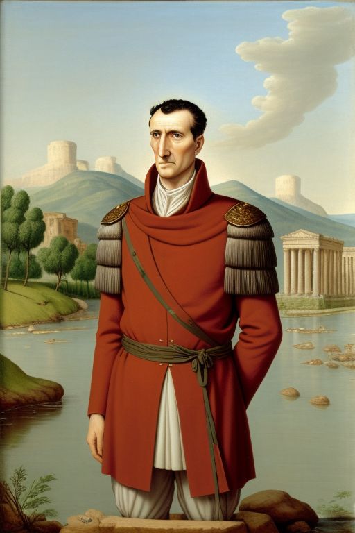  In the Style of Dadaism create an image of Julius Caesar standing by the rubicon river - A Roman general - He had a prominent nose- receding hairline- and piercing eyes. -- using Psychedelic Color 

