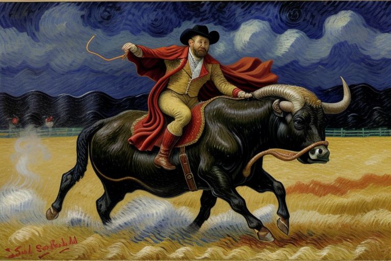 In the Style of van gogh - Create a lifelike Image of bull fighter with swirling red cape with charging black bull
