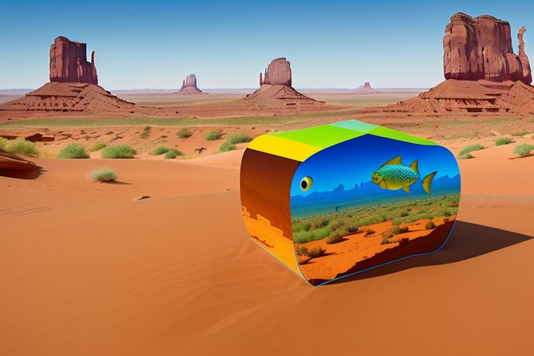 Fish - Played, at or near Monument Valley, using Polychromatic Color , With Emotion Happy, in the Style of Surrealism 
