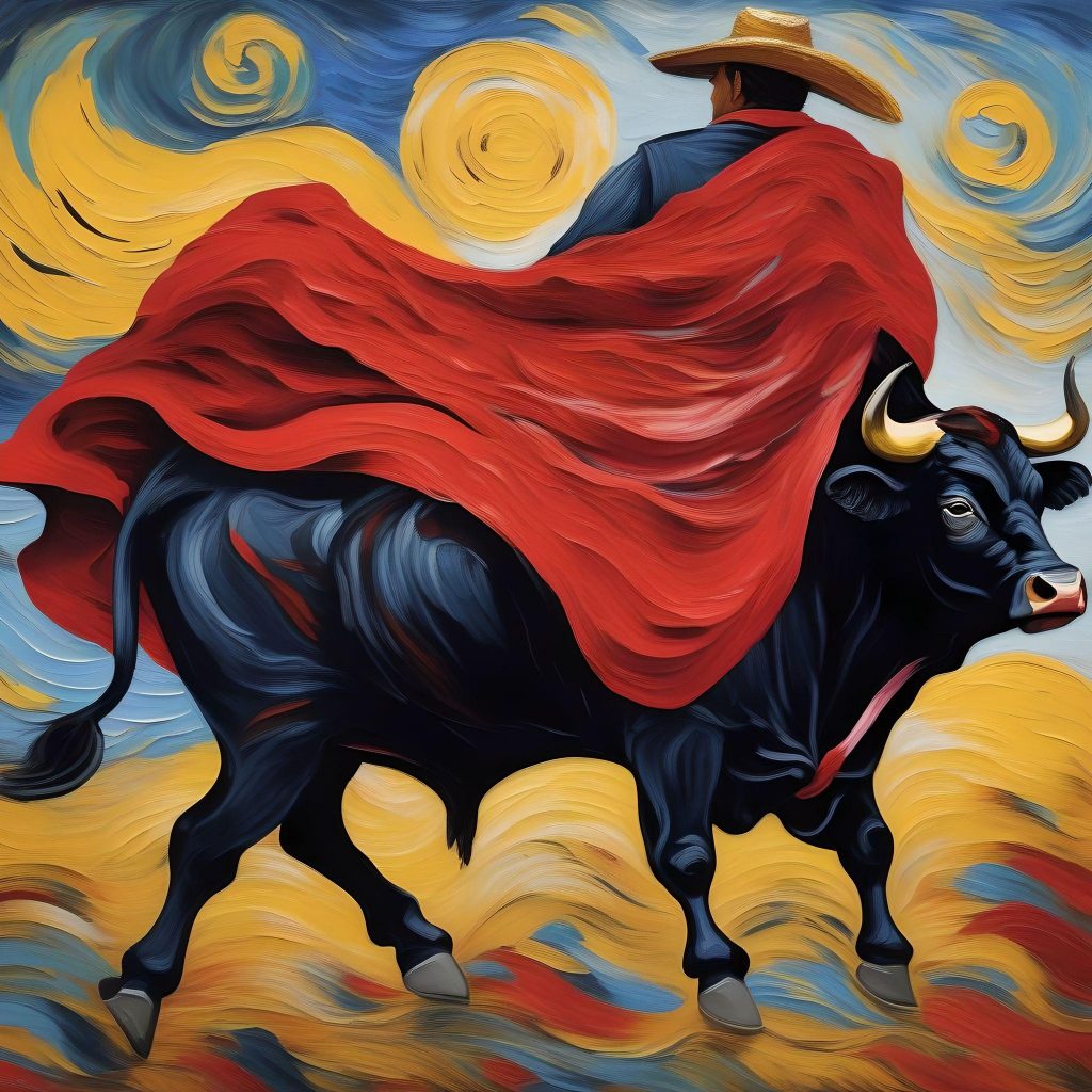 The swirling red cape forms a striking contrast against the dark silhouette of the charging bull, creating a sense of tension and anticipation. Van Gogh's signature use of vibrant colors and dynamic brushwork adds depth and dimension to the scene, immersing the viewer in the heart-pounding action of the bullfight. Through his masterful depiction, van Gogh invites us to experience the thrill and danger of this age-old spectacle, where courage and skill are put to the ultimate test in the face of a powerful adversary.
