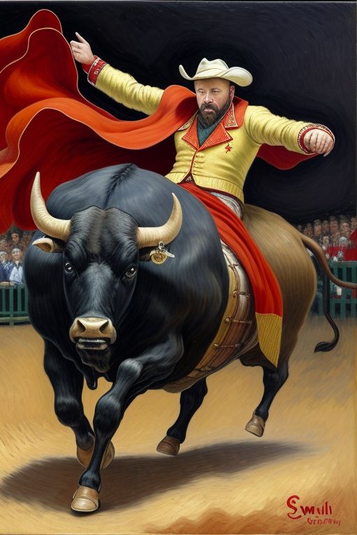 In the Style of van gogh - Create a lifelike Image of bull fighter with swirling red cape with charging black bull
