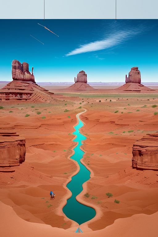 As the fish frolic and play amidst the towering sandstone spires of Monument Valley, they evoke a sense of joy and delight, their playful antics bringing a smile to the viewer's face. With each graceful movement, the fish exude a sense of happiness and freedom, their fluid forms and dynamic colors imbuing the scene with a sense of lightheartedness and joy. In this surreal interpretation of Monument Valley, the fish serve as playful ambassadors of happiness, spreading joy and wonder wherever they go.
