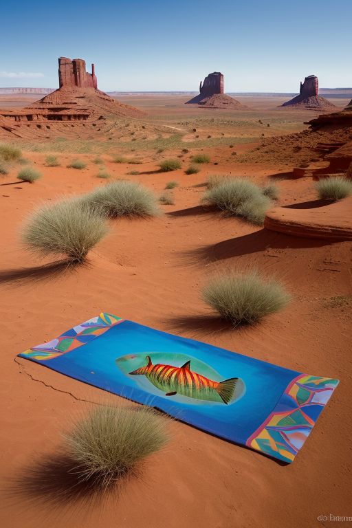 Against the backdrop of Monument Valley's timeless beauty, the surreal presence of the fish adds an unexpected twist to the familiar landscape, transforming it into a whimsical dreamscape where anything is possible. With their vibrant colors and playful demeanor, the fish inject a sense of magic and enchantment into the scene, inviting viewers to suspend their disbelief and embrace the fantastical possibilities of the imagination. As viewers gaze upon this surreal tableau, they are transported to a world where happiness reigns supreme, and the boundaries between reality and fantasy dissolve in a riot of polychromatic color.

