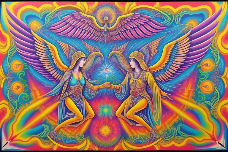  In the Style of Psychedelic Poster, Above him were seraphim, each with six wings: With two wings they covered their faces, with two they covered their feet, and with two they were flying. using vivid color
