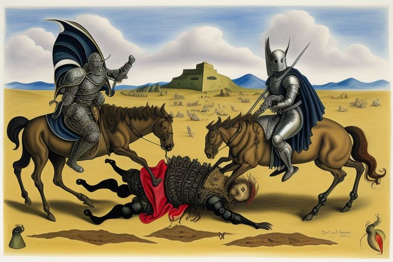 At the center of the composition stands the valiant knight, his stoic visage set against a backdrop of swirling clouds and ominous skies. Clad in armor adorned with intricate patterns and bold colors, he radiates an aura of strength and determination, confronting Death and the Devil with unwavering resolve. In this surreal reinterpretation, the knight's form is elongated and exaggerated, his proportions distorted in true Dali-esque fashion, adding an element of surrealism and intrigue to the scene.
