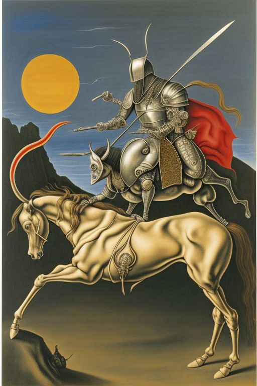 Surrounding the central figures are a myriad of surreal elements and symbolic motifs, each rendered with bold colors and exaggerated forms that challenge the viewer's perception and invite interpretation. A spectral dog with glowing eyes accompanies the knight on his journey, symbolizing loyalty and steadfastness in the face of adversity. In the distance, towering cliffs and rugged terrain evoke a sense of isolation and desolation, while surrealistic creatures and fantastical beings cavort in the ether, adding to the dreamlike quality of the scene.

In the style of Dali, the composition is imbued with a sense of mystery and intrigue, inviting viewers to unravel its hidden meanings and explore its depths. Bold colors and exaggerated forms create a sense of visual dynamism and energy, drawing the viewer into the surreal world of the painting. Through the juxtaposition of light and shadow, reality and illusion, Dali challenges perceptions and defies conventions, creating a captivating reinterpretation of Durer's timeless masterpiece.
